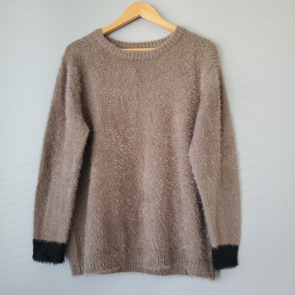 Eloges Brown Black Fuzzy Wool Blend Long Sleeve Crew Neck Sweater Womens Large